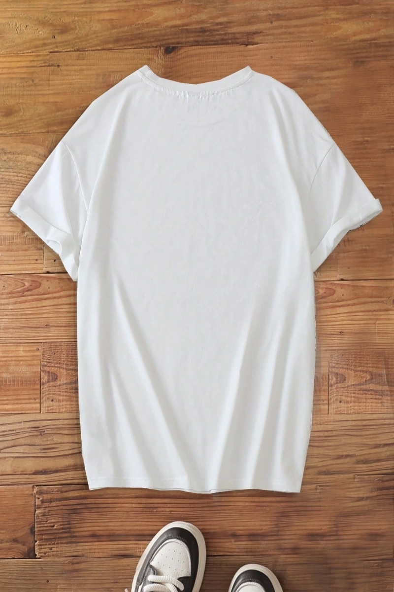 Casual Minimalist Letter Print Loose Fit Yuvarlak Yaka Kısa Kollu Tişört Kadınlar İç
