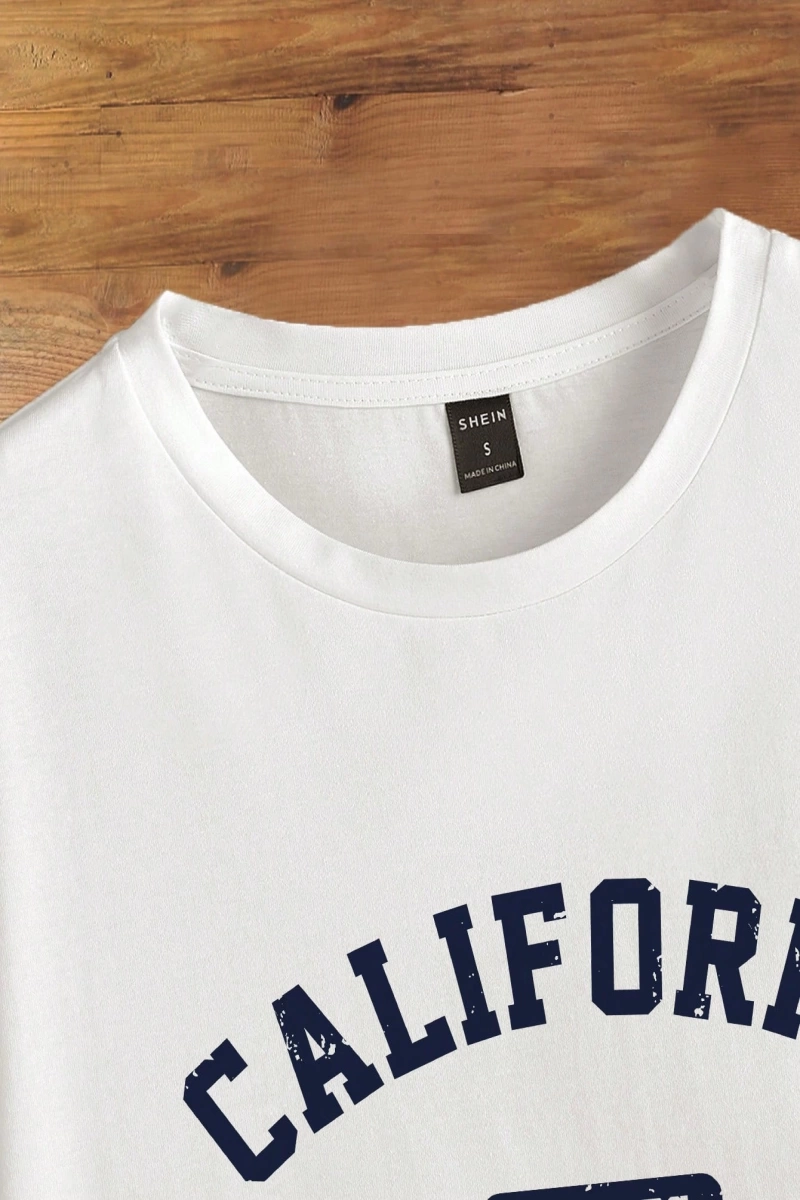Casual Minimalist Letter Print Loose Fit Yuvarlak Yaka Kısa Kollu Tişört Kadınlar İç