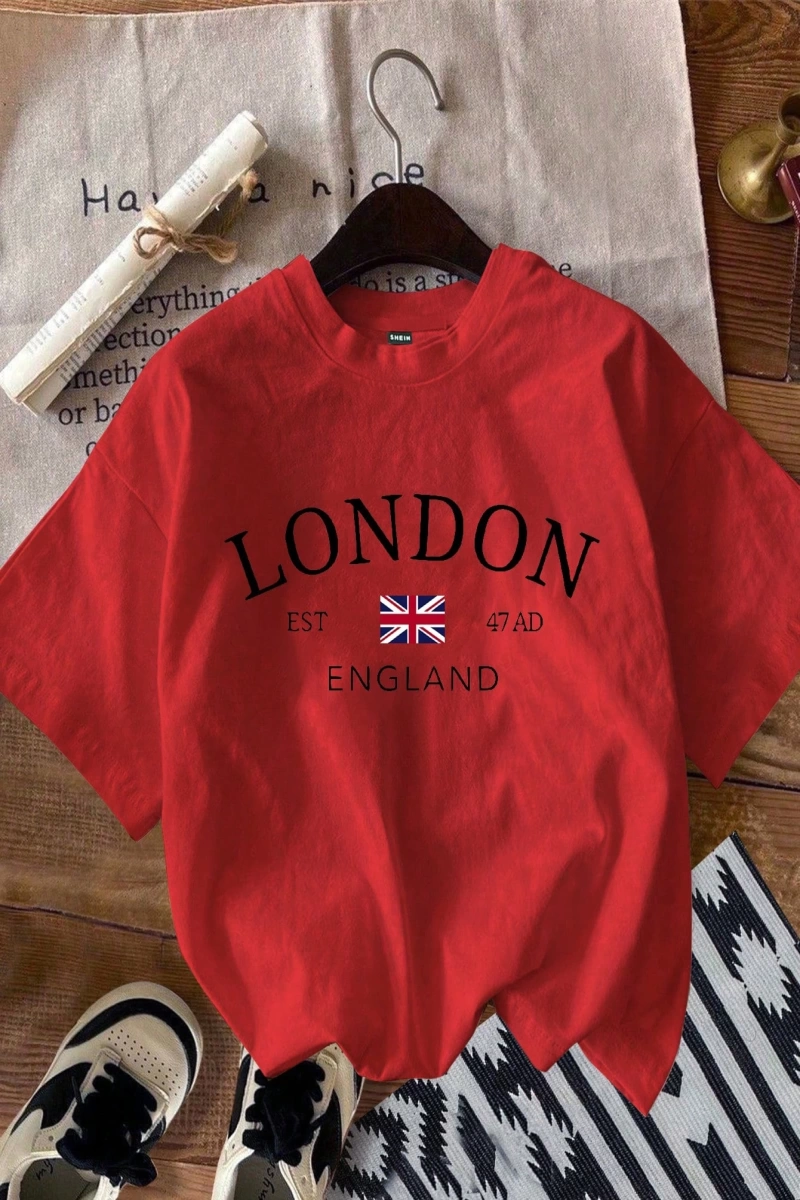 Casual Minimalist Londra Bayrağı Baskılı Bol Kesim Yuvarlak Yaka Kısa Kollu Tişö