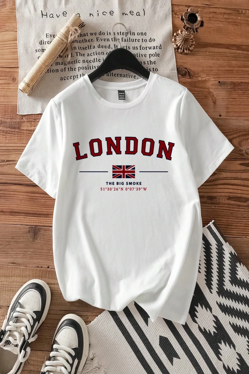 Casual Minimalist Londra Bayrağı Baskılı Bol Kesim Yuvarlak Yaka Kısa Kollu Tişö
