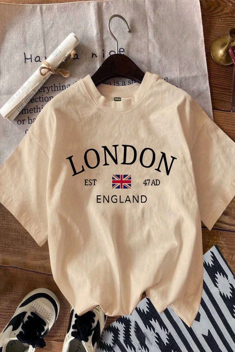 Casual Minimalist Londra Bayrağı Baskılı Bol Kesim Yuvarlak Yaka Kısa Kollu Tişö