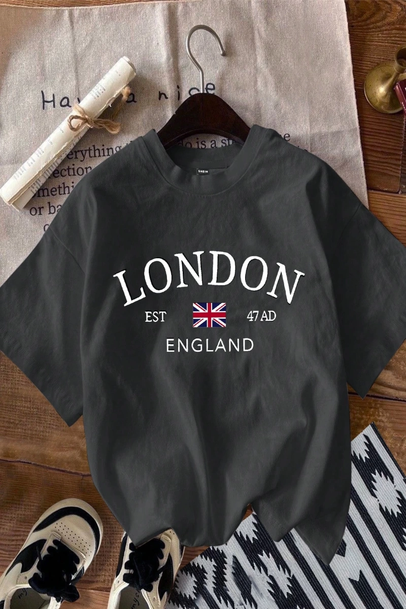 Casual Minimalist Londra Bayrağı Baskılı Bol Kesim Yuvarlak Yaka Kısa Kollu Tişö