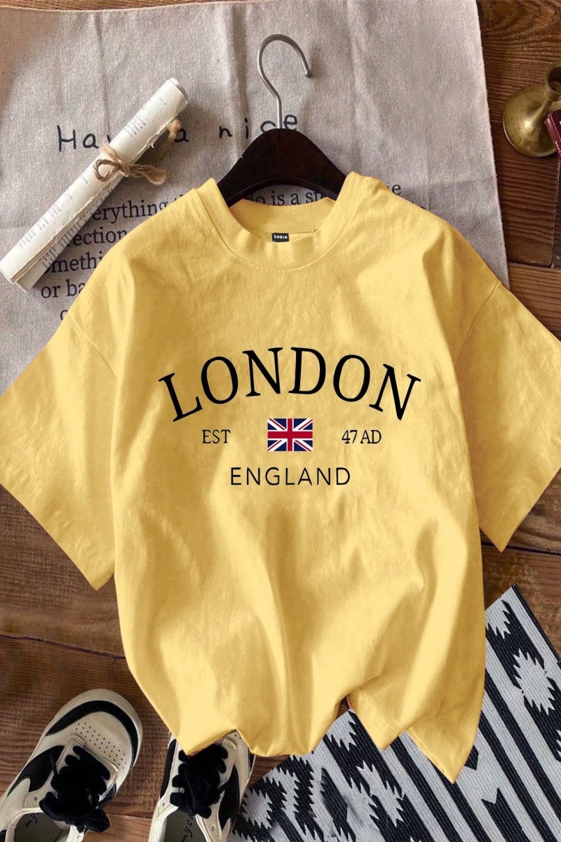 Casual Minimalist Londra Bayrağı Baskılı Bol Kesim Yuvarlak Yaka Kısa Kollu Tişö