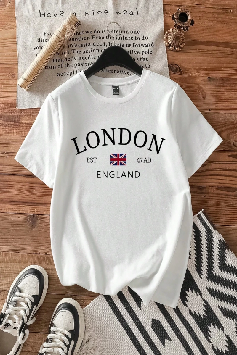 Casual Minimalist Londra Bayrağı Baskılı Bol Kesim Yuvarlak Yaka Kısa Kollu Tişö