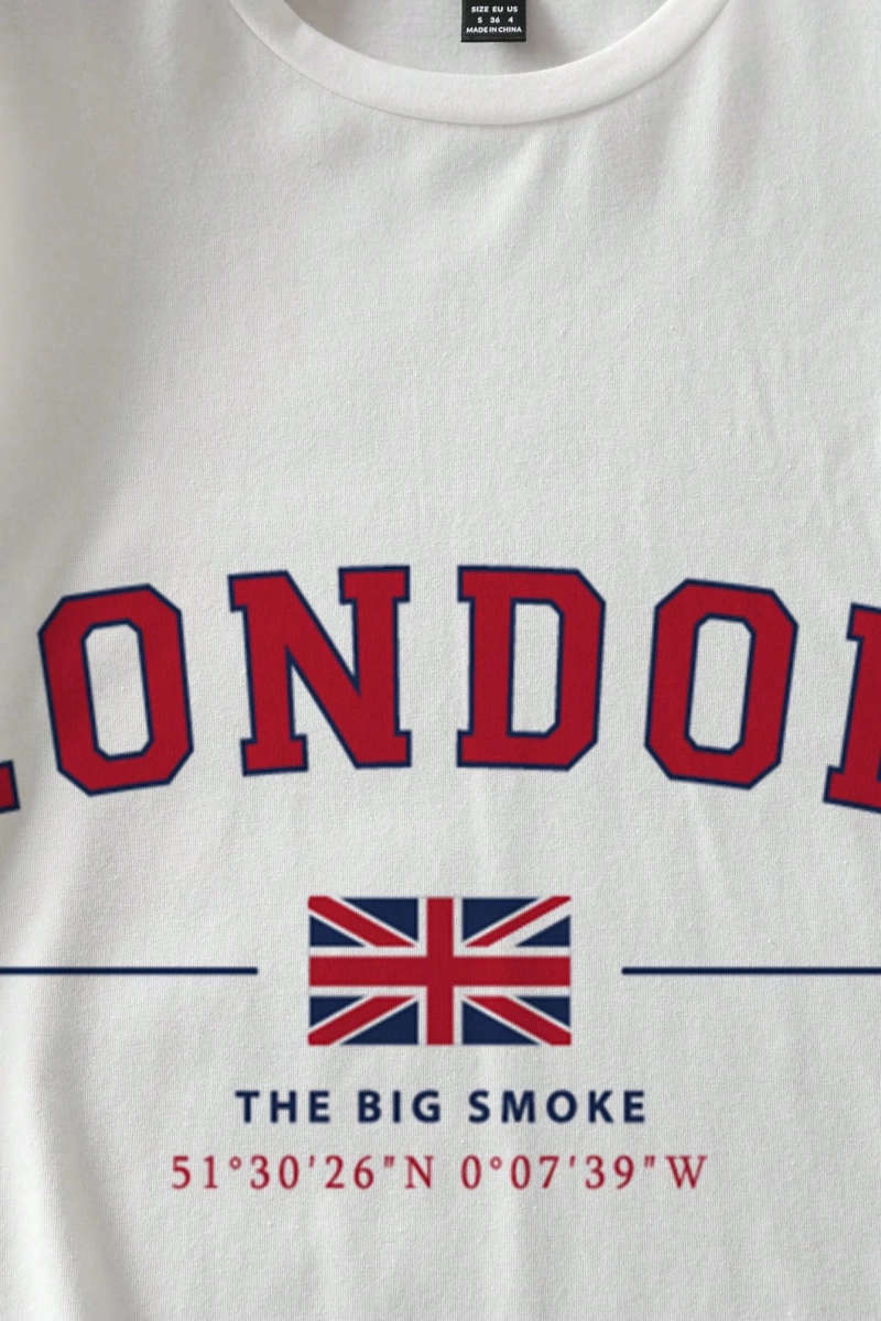 Casual Minimalist Londra Bayrağı Baskılı Bol Kesim Yuvarlak Yaka Kısa Kollu Tişö