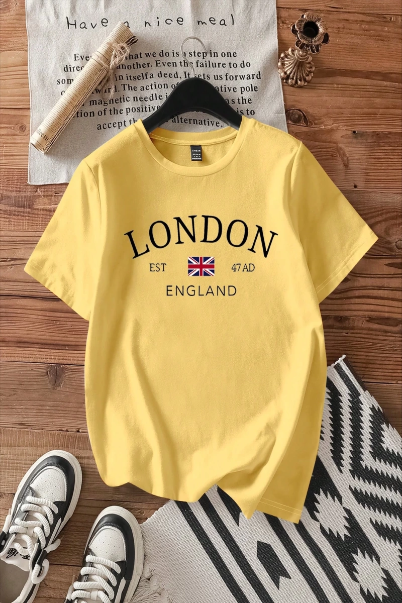 Casual Minimalist Londra Bayrağı Baskılı Bol Kesim Yuvarlak Yaka Kısa Kollu Tişö