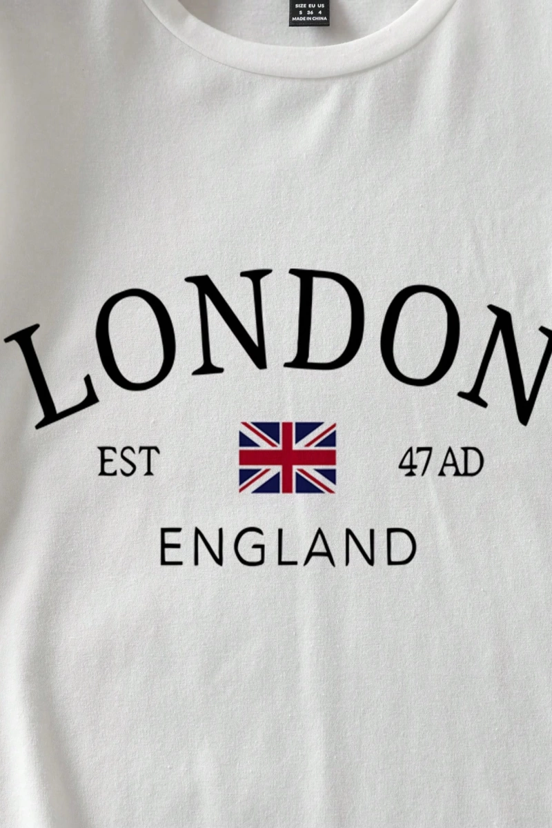 Casual Minimalist Londra Bayrağı Baskılı Bol Kesim Yuvarlak Yaka Kısa Kollu Tişö