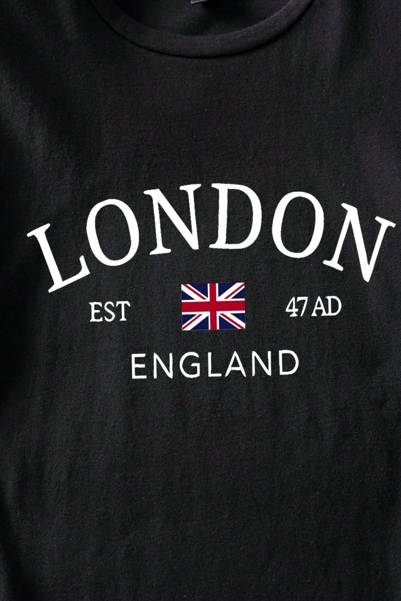 Casual Minimalist Londra Bayrağı Baskılı Bol Kesim Yuvarlak Yaka Kısa Kollu Tişö