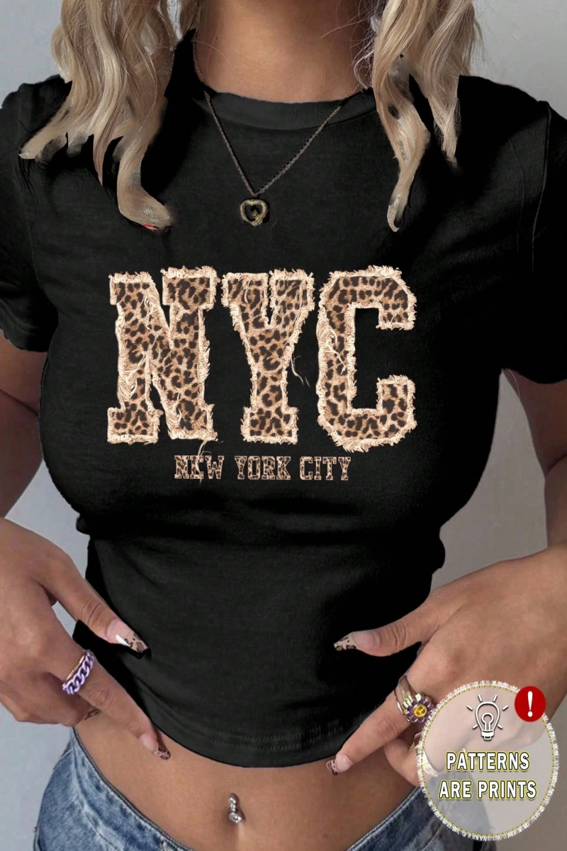 Casual Minimalist NYC Grafik Baskılı Mürettebat Yaka Kısa Kollu Kırpılmış Dar Ke