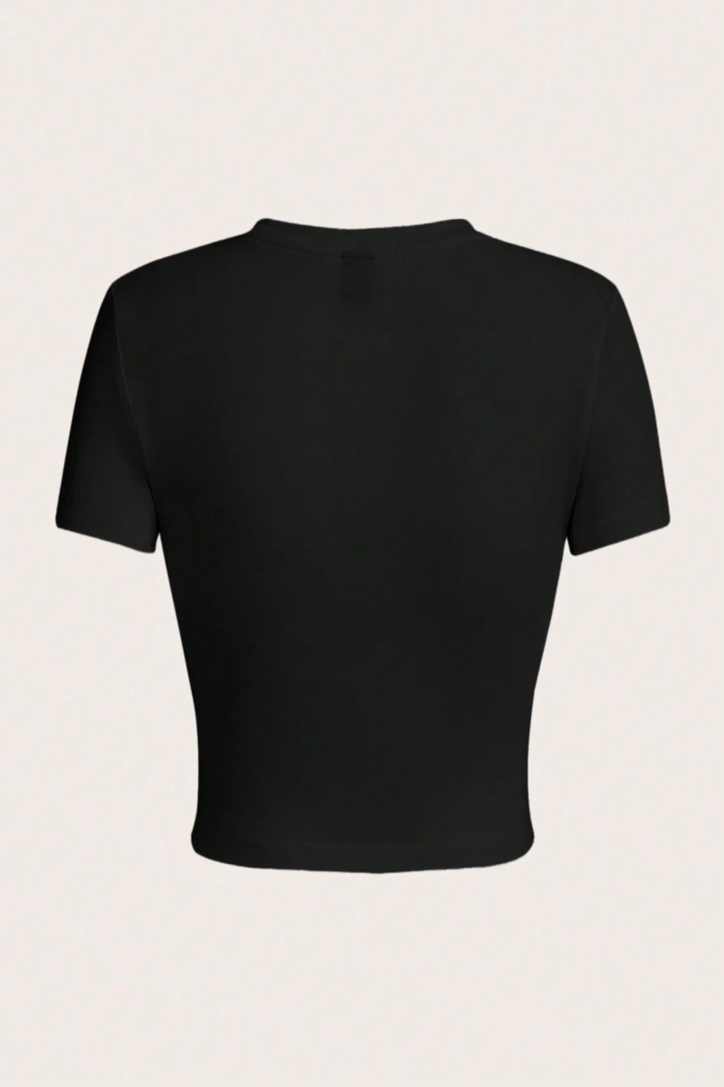 Casual Minimalist NYC Grafik Baskılı Mürettebat Yaka Kısa Kollu Kırpılmış Dar Ke