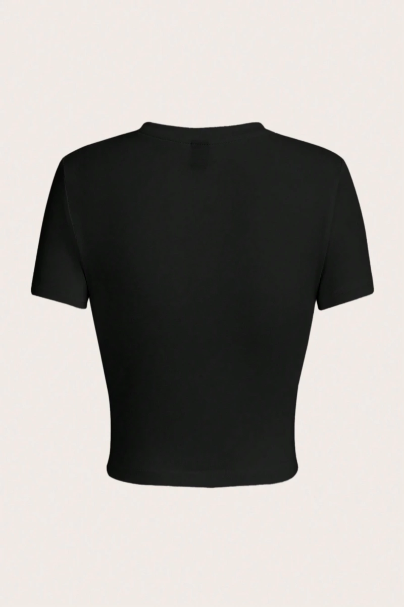 Casual Minimalist NYC Grafik Baskılı Mürettebat Yaka Kısa Kollu Kırpılmış Dar Ke