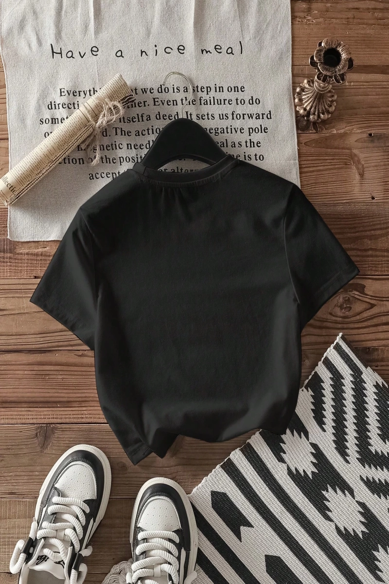 Casual Minimalist NYC Grafik Baskılı Mürettebat Yaka Kısa Kollu Kırpılmış Dar Ke
