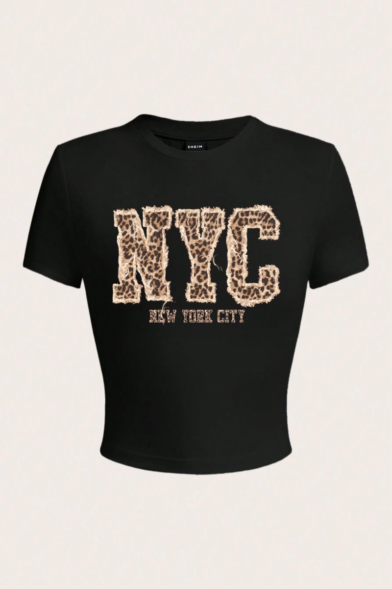 Casual Minimalist NYC Grafik Baskılı Mürettebat Yaka Kısa Kollu Kırpılmış Dar Ke