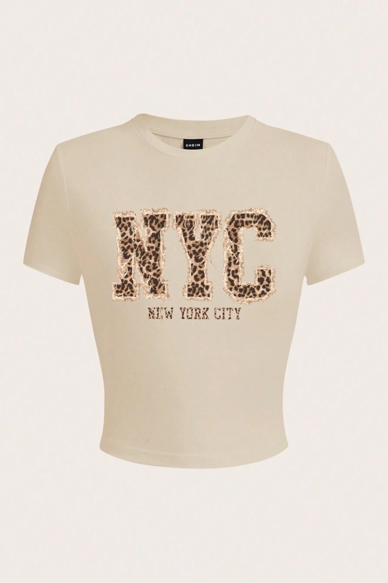 Casual Minimalist NYC Grafik Baskılı Mürettebat Yaka Kısa Kollu Kırpılmış Dar Ke