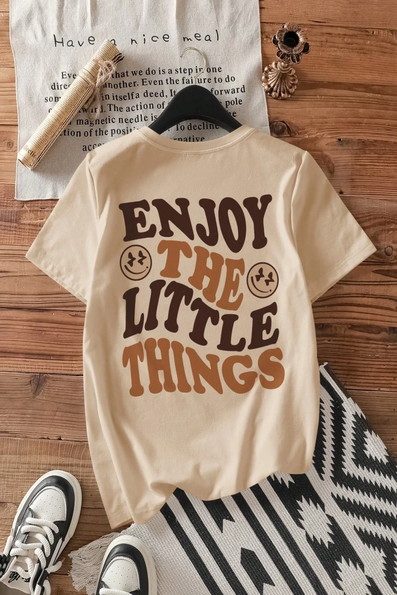 Casual Oversized ENJOY Grafik Yuvarlak Yaka Kısa Kollu Tişört Kadınlar İçin, Yaz İ