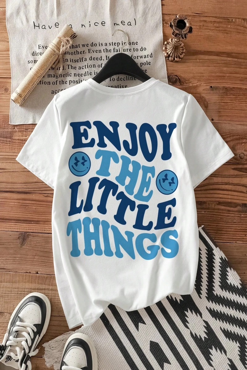 Casual Oversized ENJOY Grafik Yuvarlak Yaka Kısa Kollu Tişört Kadınlar İçin, Yaz İ
