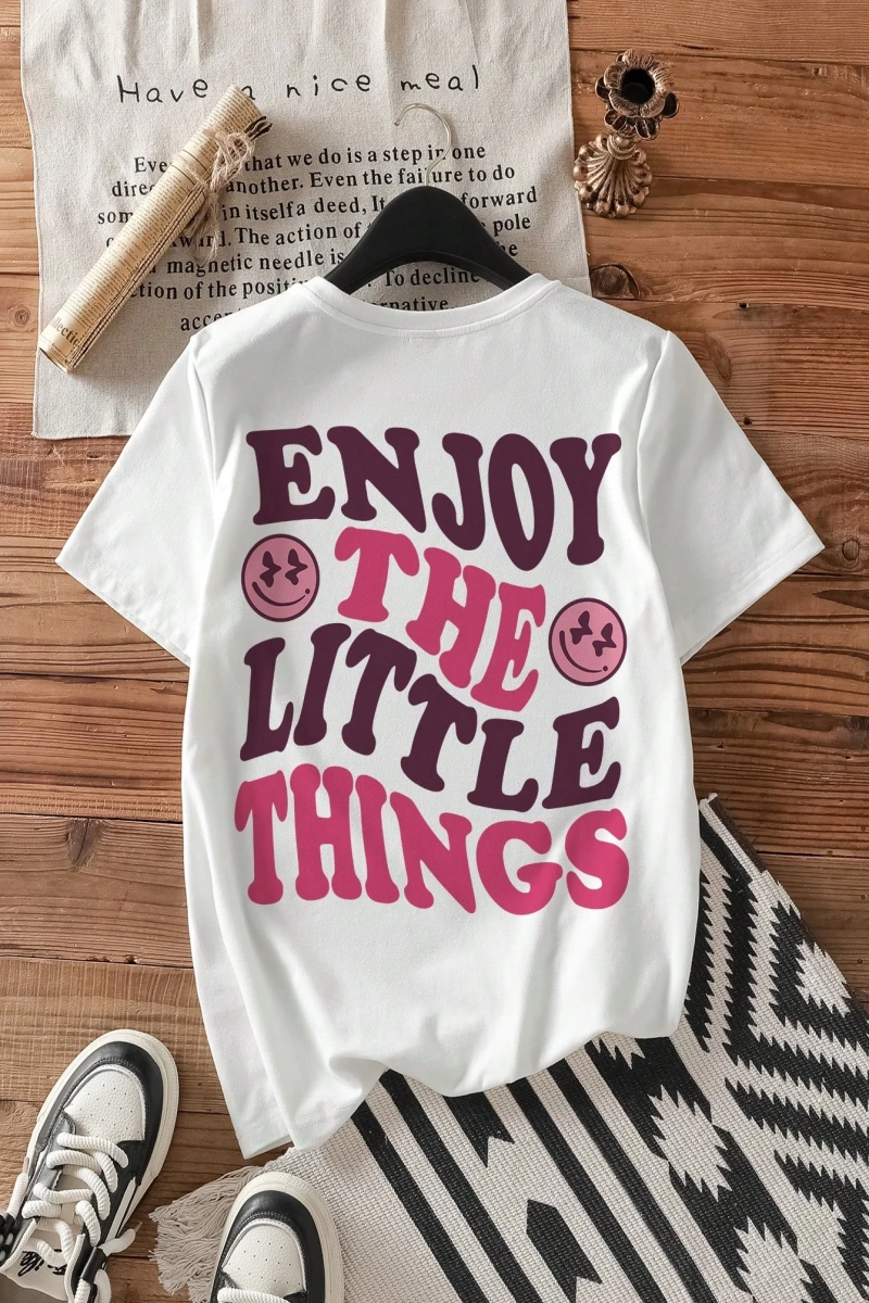Casual Oversized ENJOY Grafik Yuvarlak Yaka Kısa Kollu Tişört Kadınlar İçin, Yaz İ