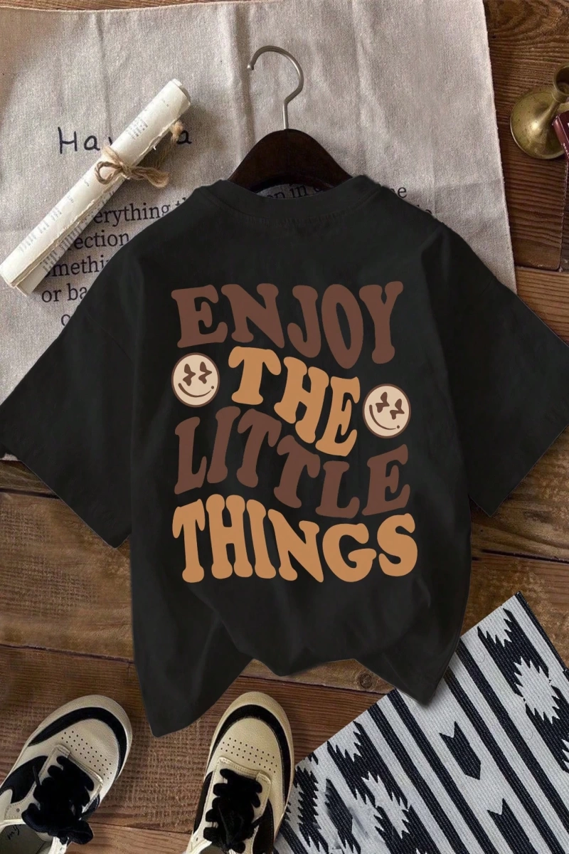Casual Oversized ENJOY Grafik Yuvarlak Yaka Kısa Kollu Tişört Kadınlar İçin, Yaz İ