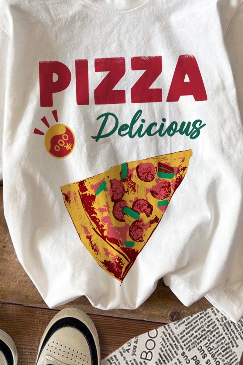 Casual Pizza Grafik Beyaz Yuvarlak Yaka Kısa Kollu Fitted Kadın Tişörtü, Pamuk Yaz İ