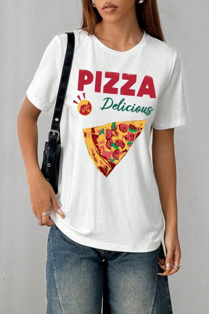 Casual Pizza Grafik Beyaz Yuvarlak Yaka Kısa Kollu Fitted Kadın Tişörtü, Pamuk Yaz İ