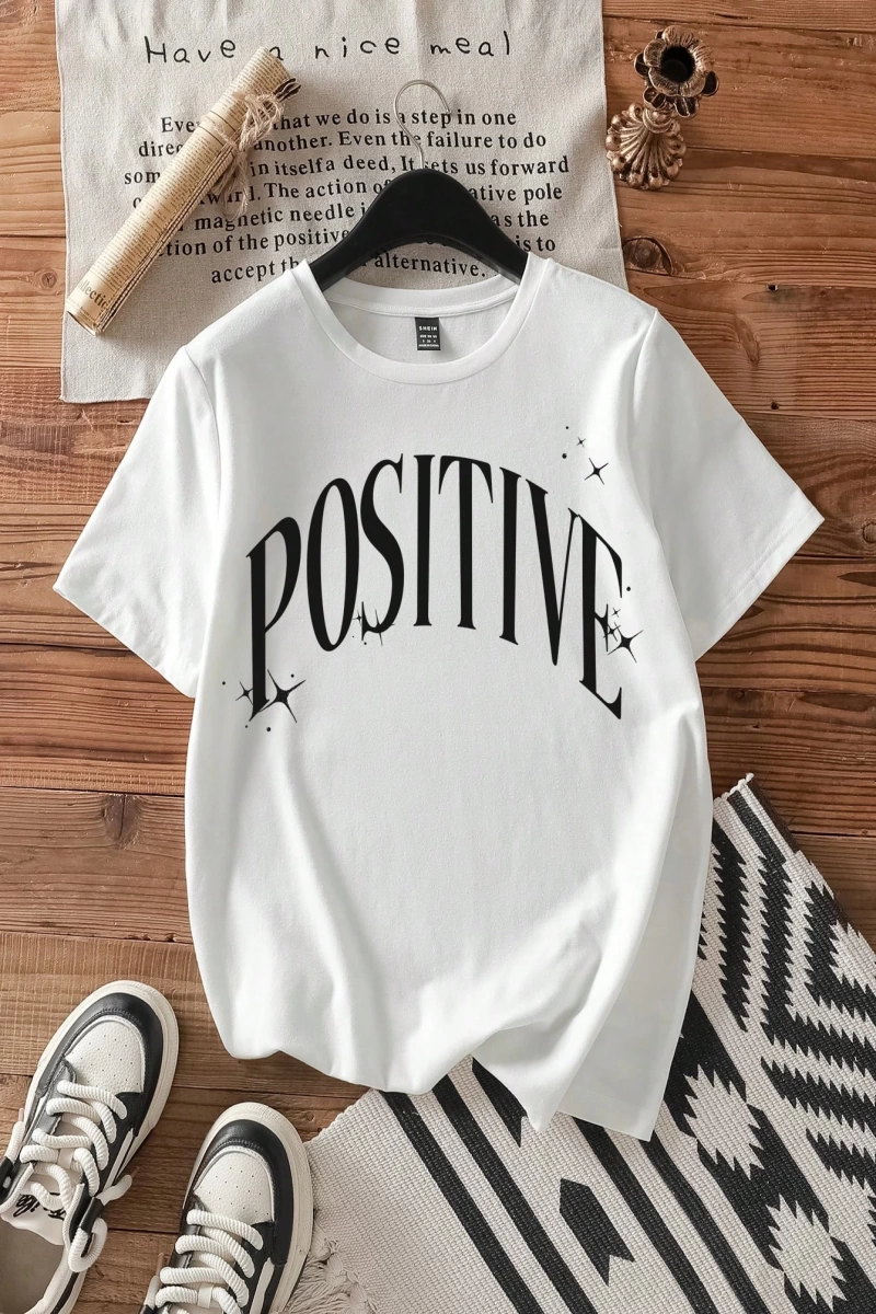 Casual Positive Letter Print Crew Neck Kısa Kollu Fitted Kadın Tişörtü, Yaz İçin Uyg