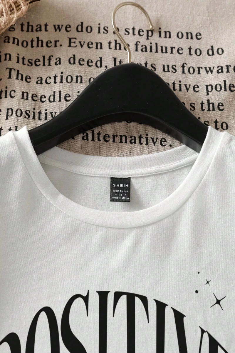 Casual Positive Letter Print Crew Neck Kısa Kollu Fitted Kadın Tişörtü, Yaz İçin Uyg