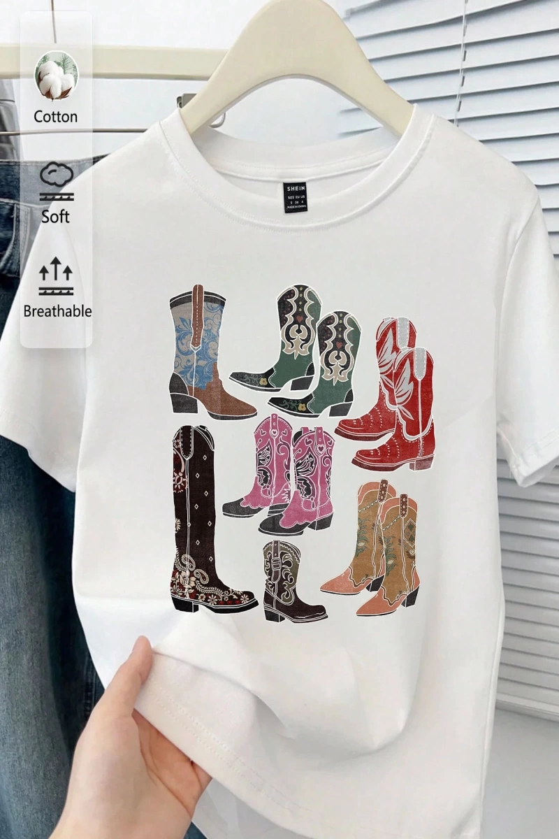 Casual Renkli Botlar Grafik Slim Fit Mürettebat Yaka Kısa Kollu Kadın Tişörtü, Yaz Ret
