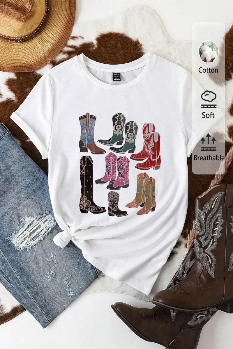 Casual Renkli Botlar Grafik Slim Fit Mürettebat Yaka Kısa Kollu Kadın Tişörtü, Yaz Ret