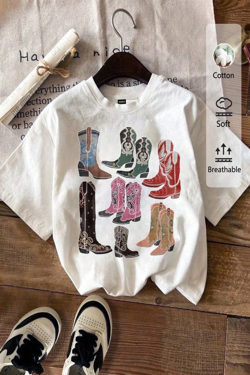 Casual Renkli Botlar Grafik Slim Fit Mürettebat Yaka Kısa Kollu Kadın Tişörtü, Yaz Ret
