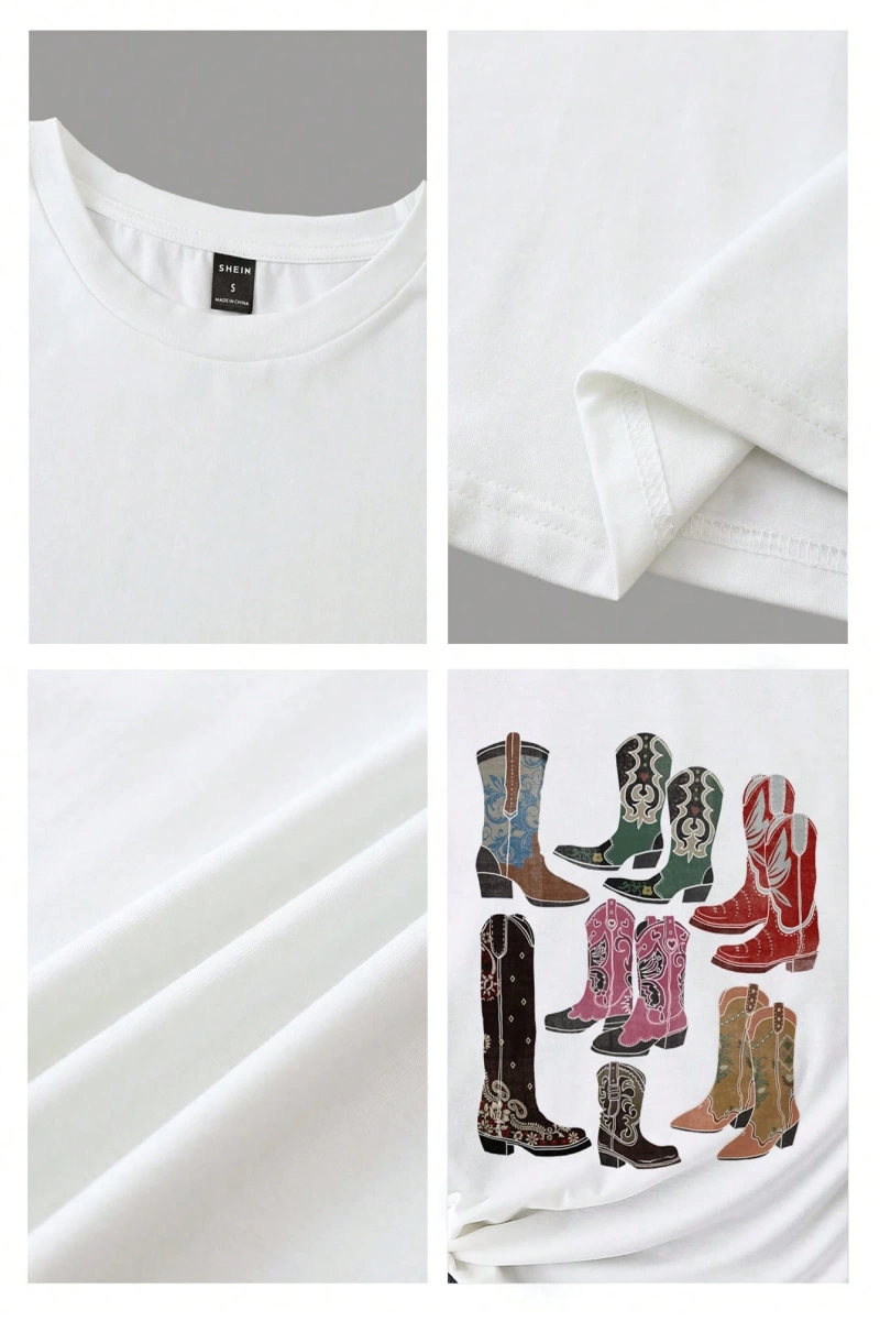Casual Renkli Botlar Grafik Slim Fit Mürettebat Yaka Kısa Kollu Kadın Tişörtü, Yaz Ret