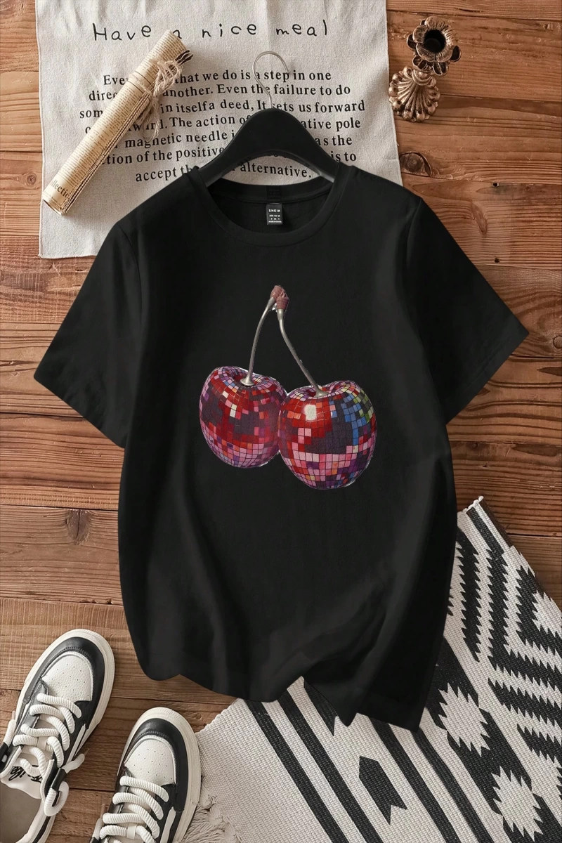 Casual Retro Dachshund Grafik Yuvarlak Yaka Kısa Kollu Dar Kesim Kadın Tişörtü,