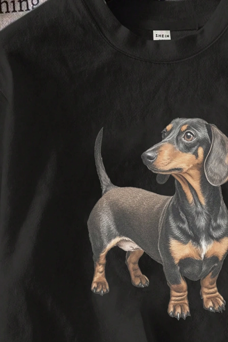 Casual Retro Dachshund Grafik Yuvarlak Yaka Kısa Kollu Dar Kesim Kadın Tişörtü,