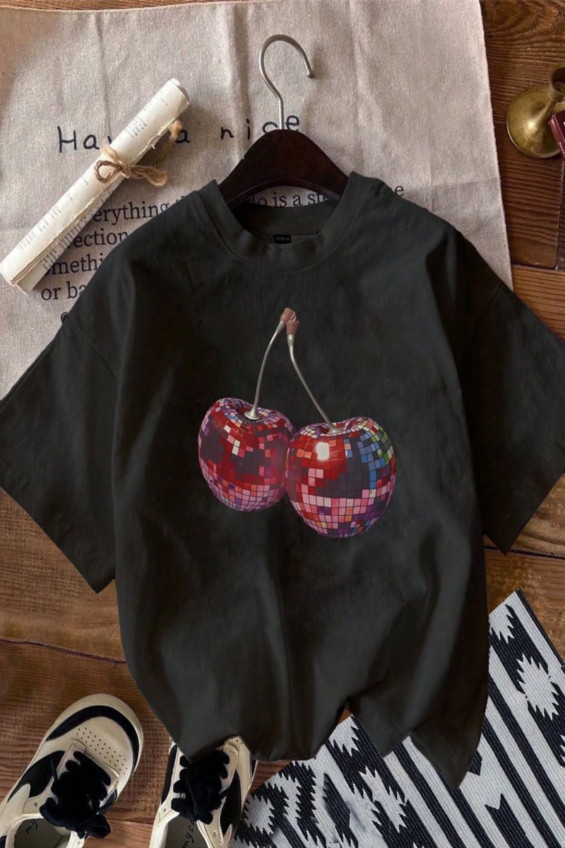 Casual Retro Dachshund Grafik Yuvarlak Yaka Kısa Kollu Dar Kesim Kadın Tişörtü,