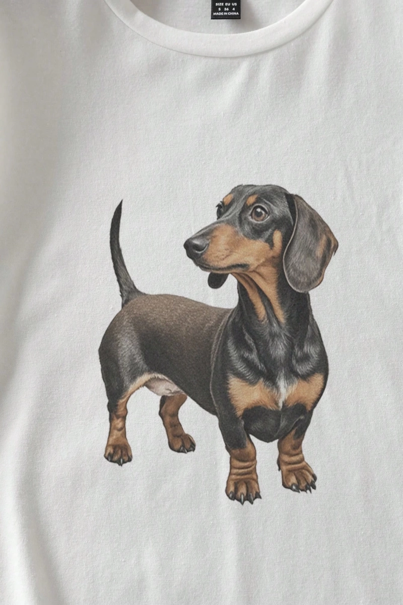 Casual Retro Dachshund Grafik Yuvarlak Yaka Kısa Kollu Dar Kesim Kadın Tişörtü,