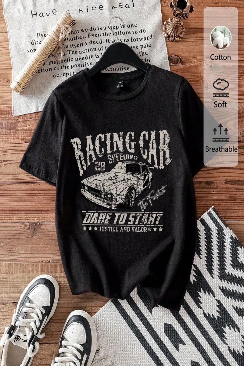 Casual Retro Kırmızı Araba Desenli %50 Pamuk Kadın Tişört