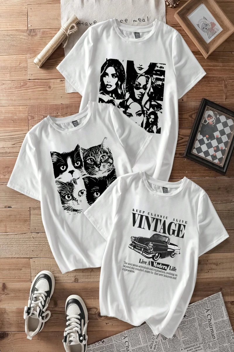 Casual Retro Kırmızı Araba Desenli %50 Pamuk Kadın Tişört