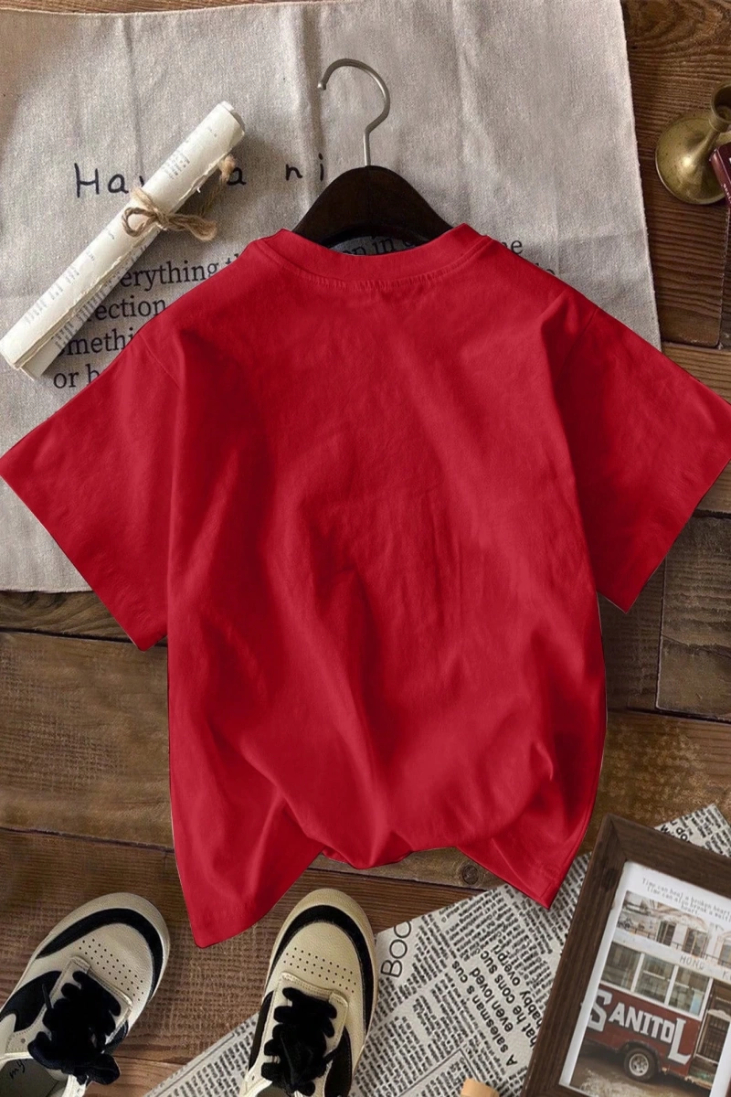 Casual Retro Kırmızı Araba Desenli %50 Pamuk Kadın Tişört