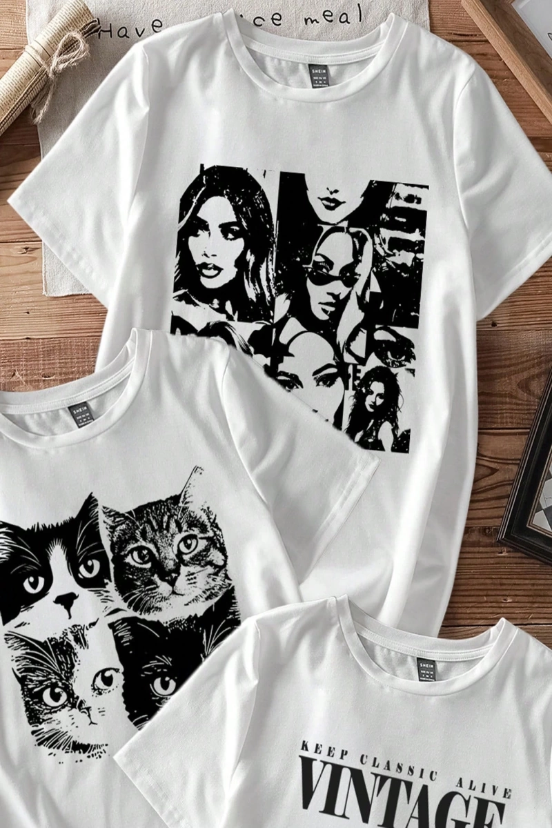 Casual Retro Kırmızı Araba Desenli %50 Pamuk Kadın Tişört