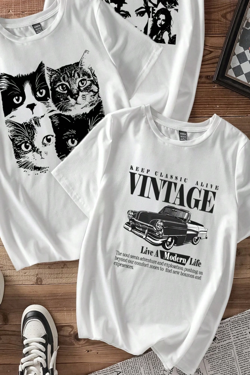Casual Retro Kırmızı Araba Desenli %50 Pamuk Kadın Tişört