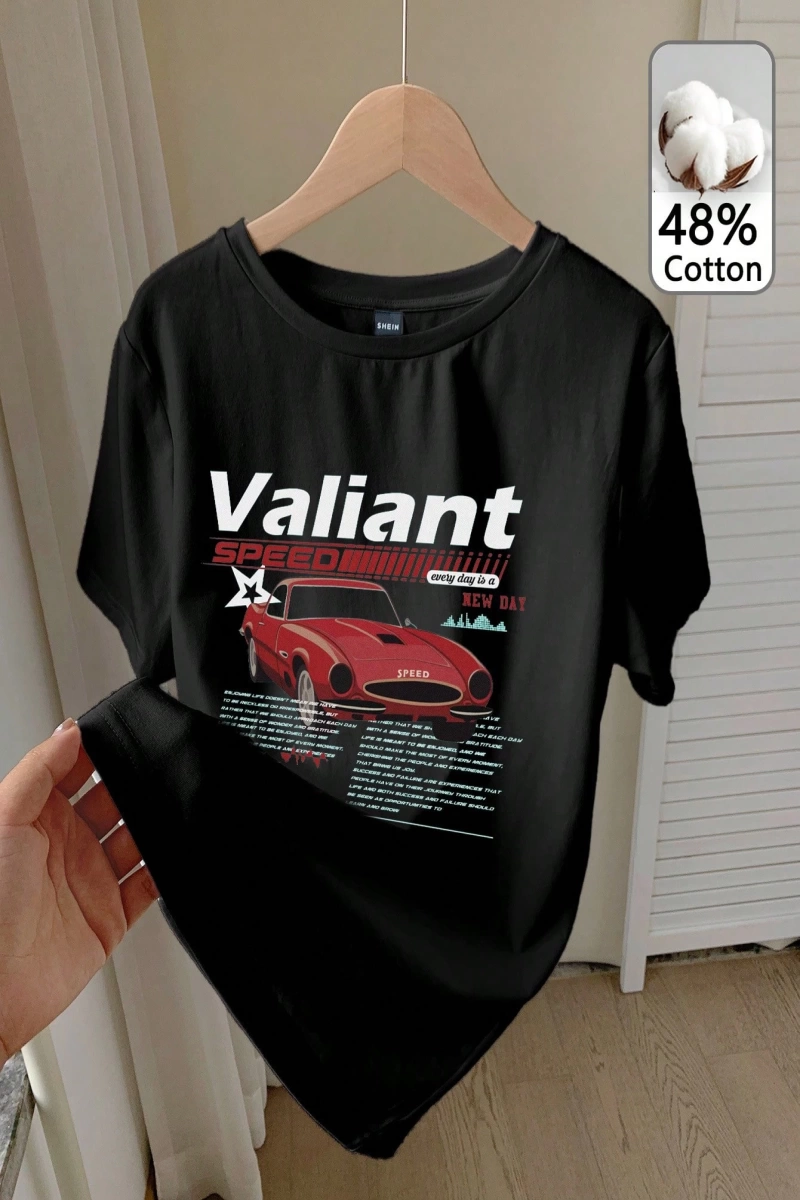Casual Retro Kırmızı Araba Desenli %50 Pamuk Kadın Tişört