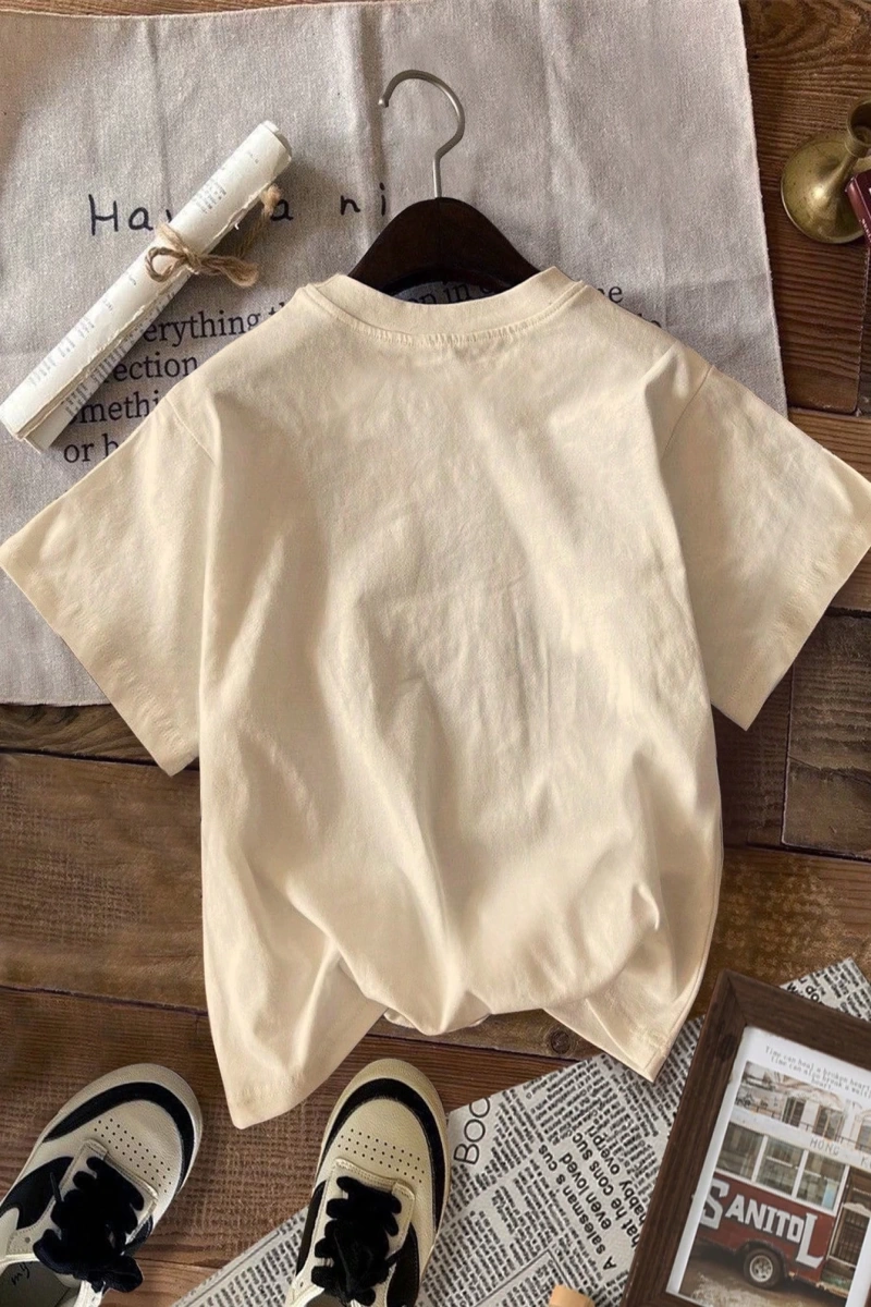 Casual Retro Nomadic Style Denim Çocuk Baskı Desenli Gevşek Yuvarlak Yaka Kısa Kollu