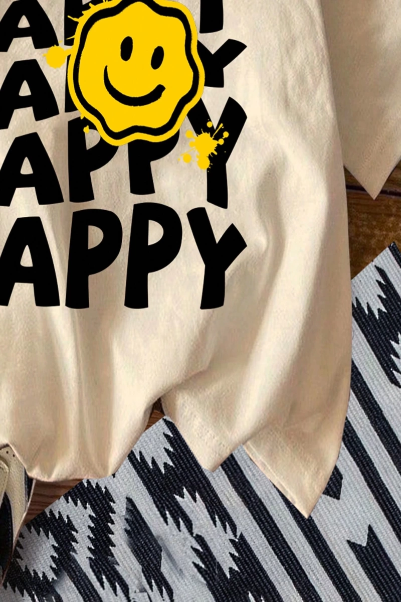 Casual Retro Nomadic Style Denim Çocuk Baskı Desenli Gevşek Yuvarlak Yaka Kısa Kollu