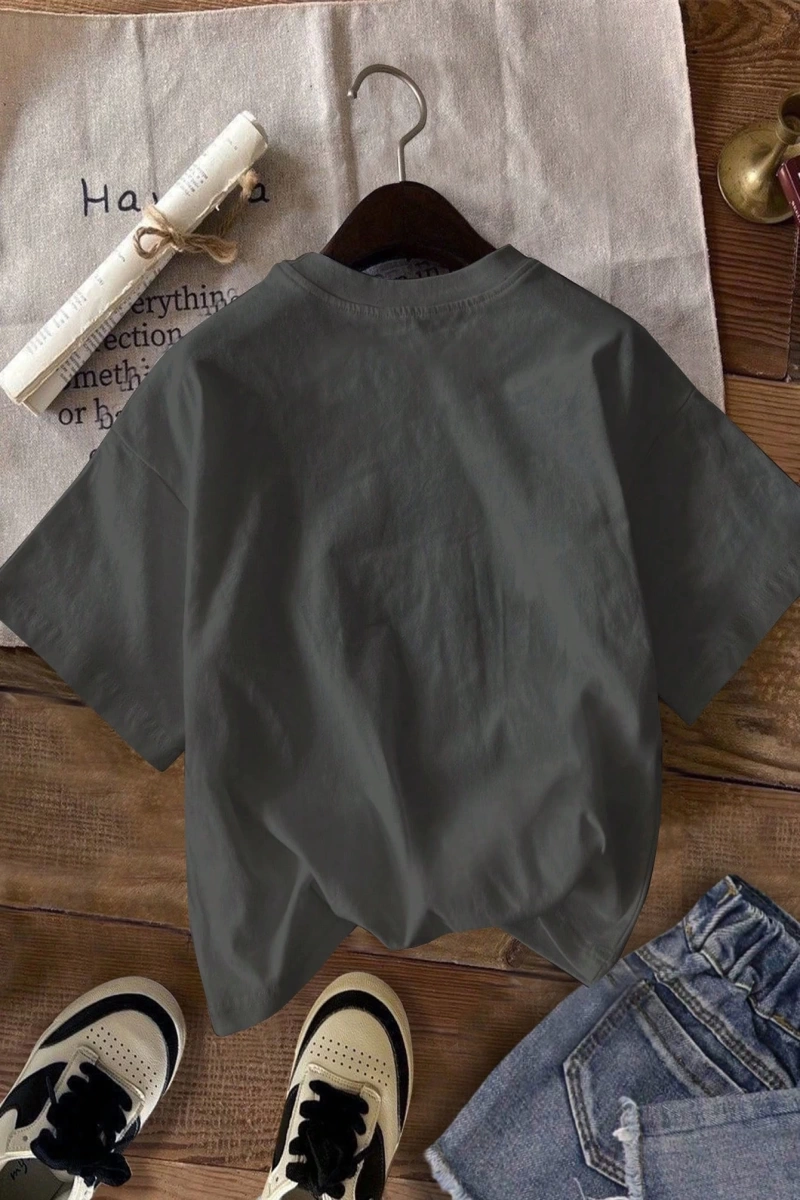 Casual Siyah Büyük Boy OK Bear Grafik Yuvarlak Yaka Kısa Kollu Pamuklu Tişört Kadınl