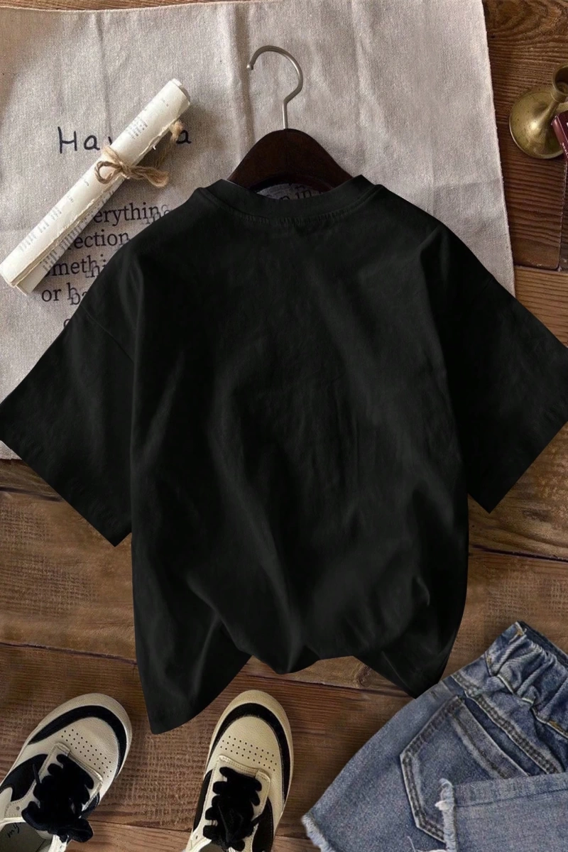 Casual Siyah Büyük Boy OK Bear Grafik Yuvarlak Yaka Kısa Kollu Pamuklu Tişört Kadınl