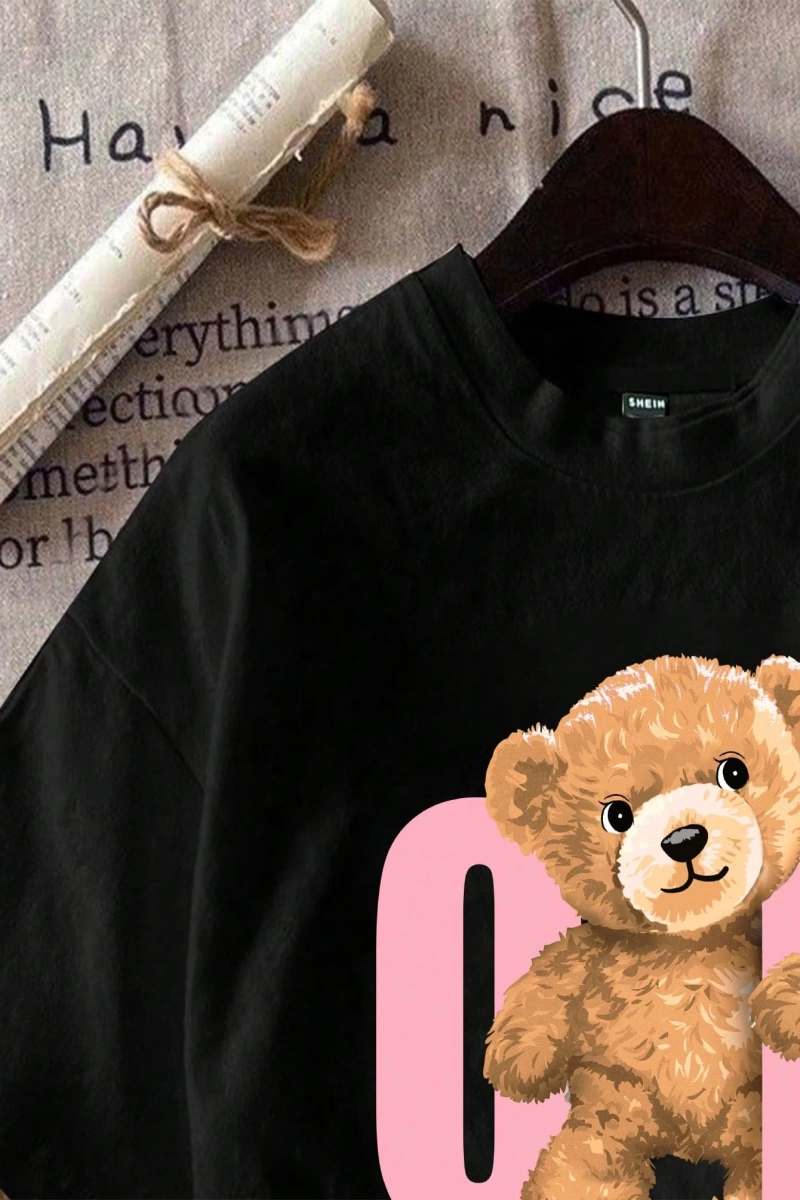 Casual Siyah Büyük Boy OK Bear Grafik Yuvarlak Yaka Kısa Kollu Pamuklu Tişört Kadınl