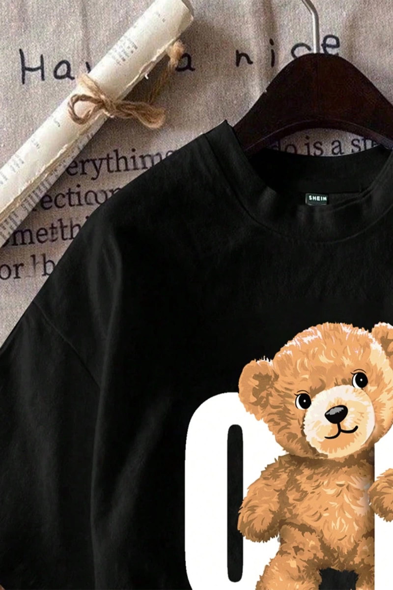 Casual Siyah Büyük Boy OK Bear Grafik Yuvarlak Yaka Kısa Kollu Pamuklu Tişört Kadınl