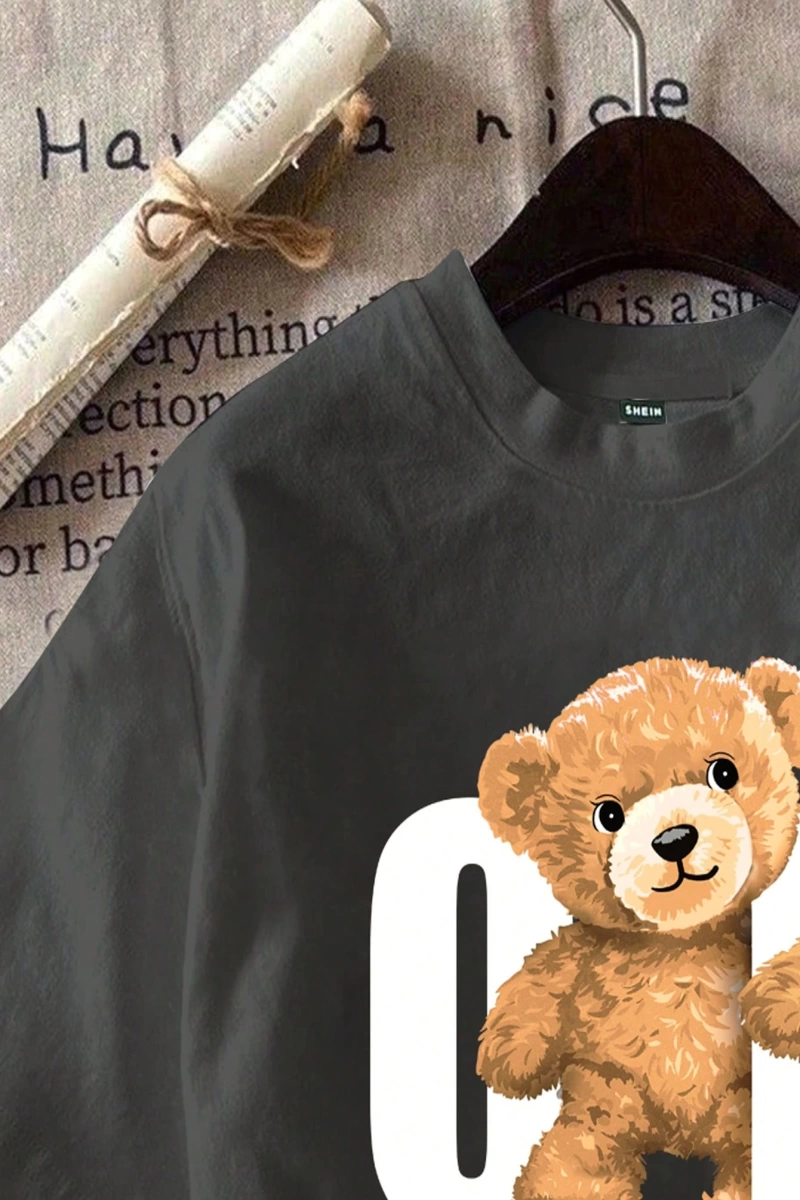 Casual Siyah Büyük Boy OK Bear Grafik Yuvarlak Yaka Kısa Kollu Pamuklu Tişört Kadınl