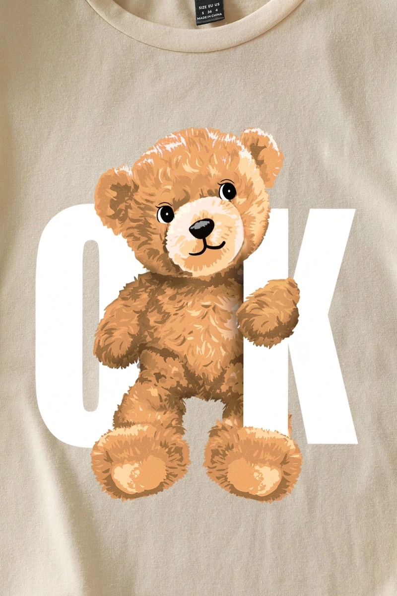 Casual Siyah Büyük Boy OK Bear Grafik Yuvarlak Yaka Kısa Kollu Pamuklu Tişört Kadınl