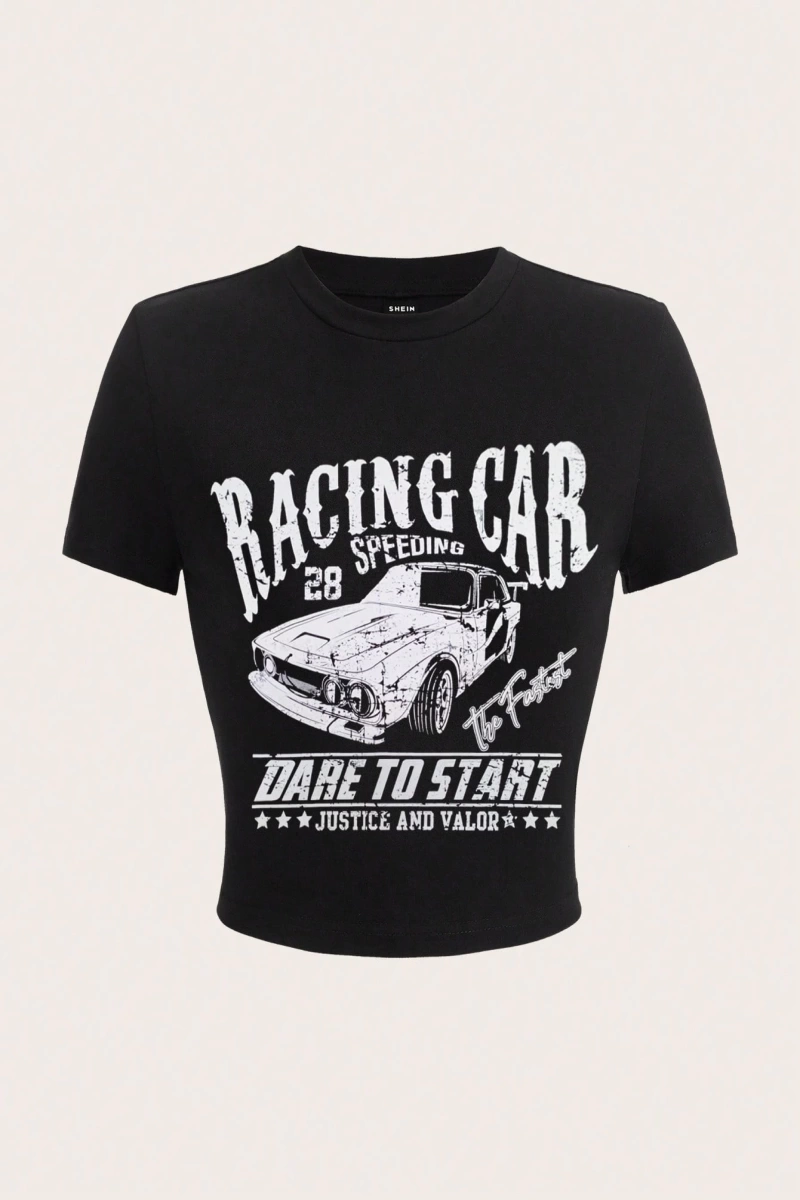 Casual Slogan ve Araba Grafikli Yuvarlak Yaka Kısa Kollu Slim Fit Kadın Tişörtü,