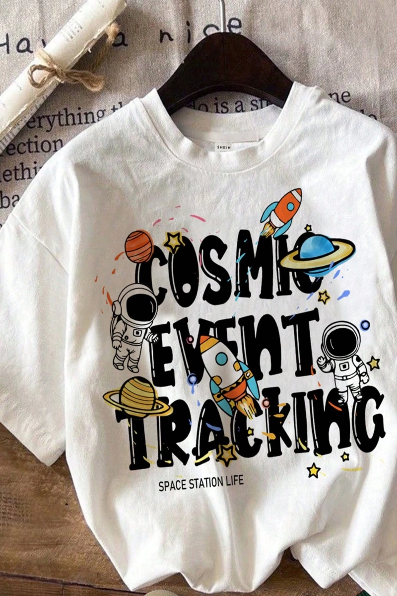 Casual Spaceship Rocket Astronaut Grafik Baskılı Beyaz Mürettebat Yaka Kısa Kollu Da